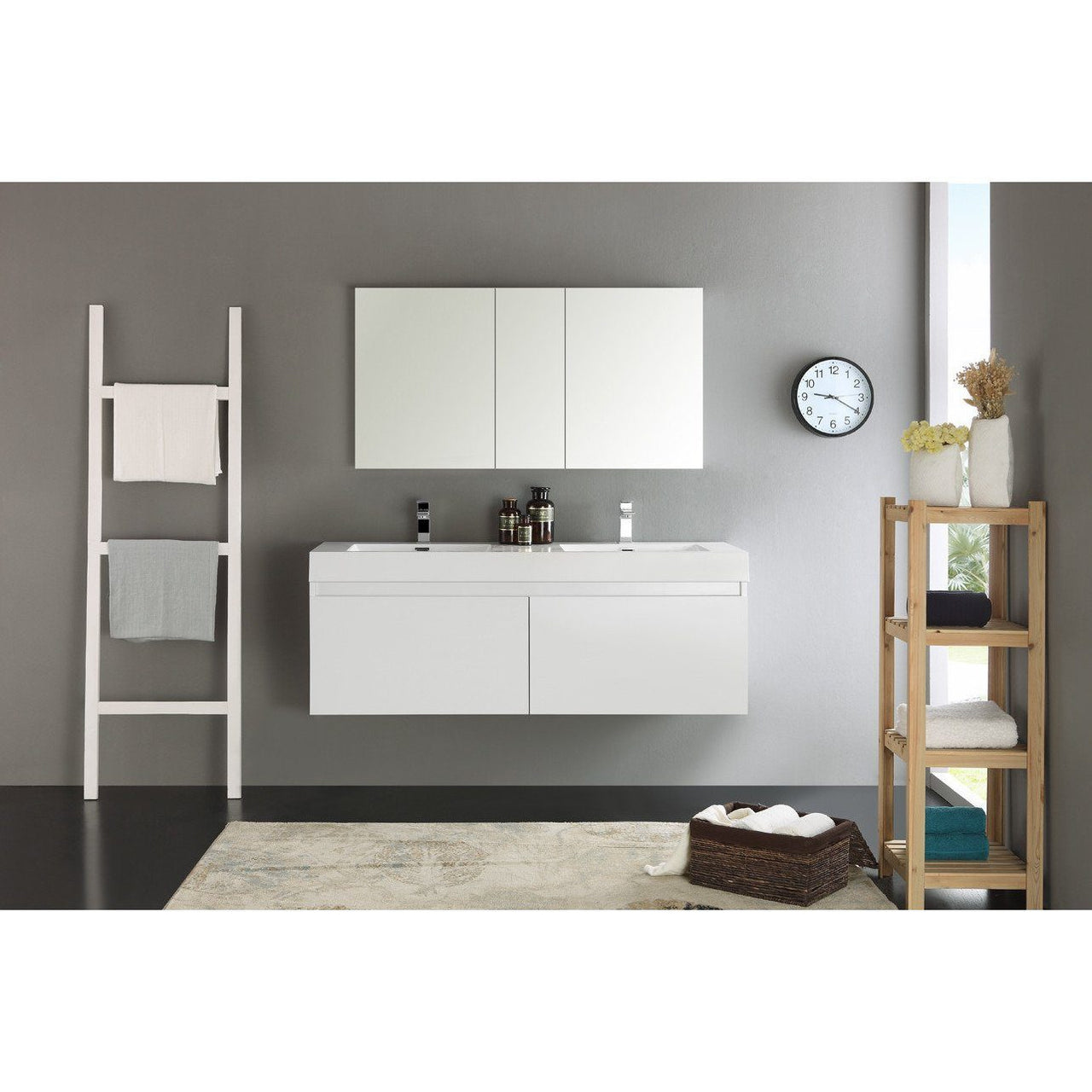 Fresca Mezzo 60" White Wall Hung Double Sink Modern Bathroom Vanity w/ Medicine Cabinet & Free Faucet Vanity Fresca 