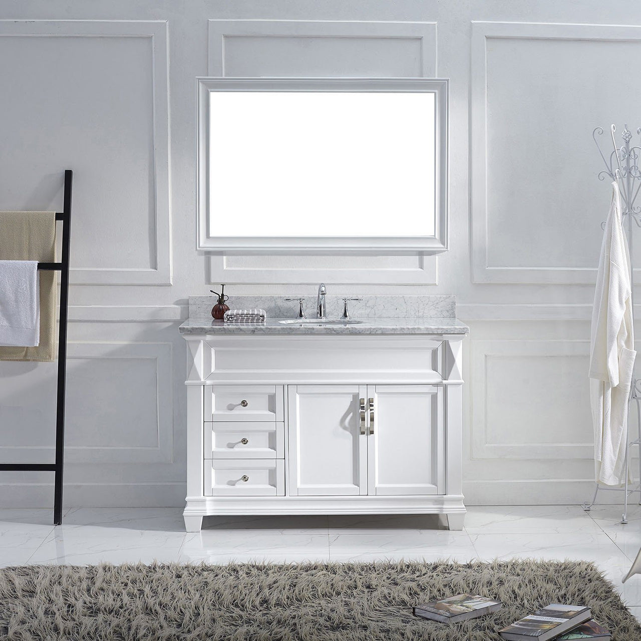 Virtu USA Victoria 48" Single Round Sink White Top Vanity in White with Mirror Vanity Virtu USA 