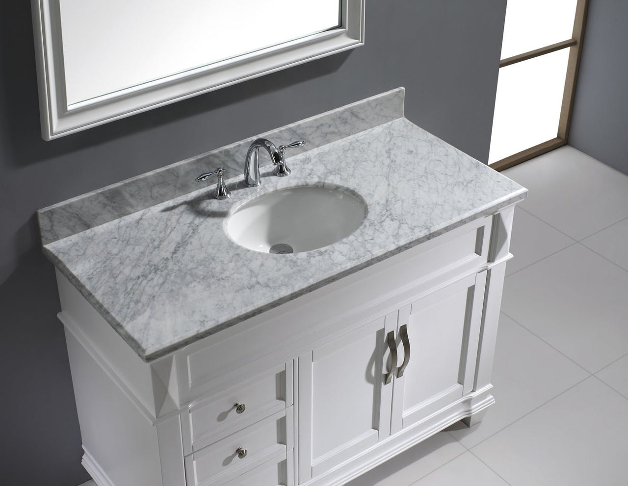 Virtu USA Victoria 48" Single Round Sink White Top Vanity in White with Mirror Vanity Virtu USA 